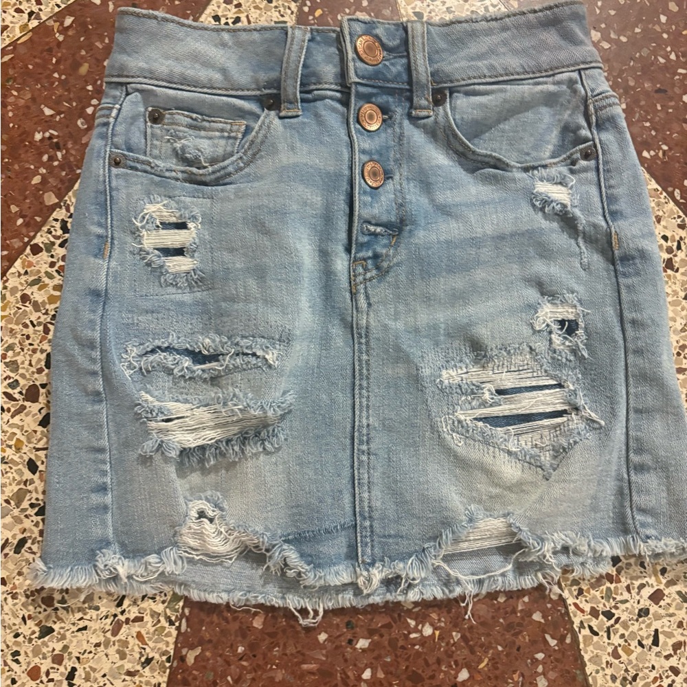 American Eagle Outfitters Light Blue Distressed Mini Skirt